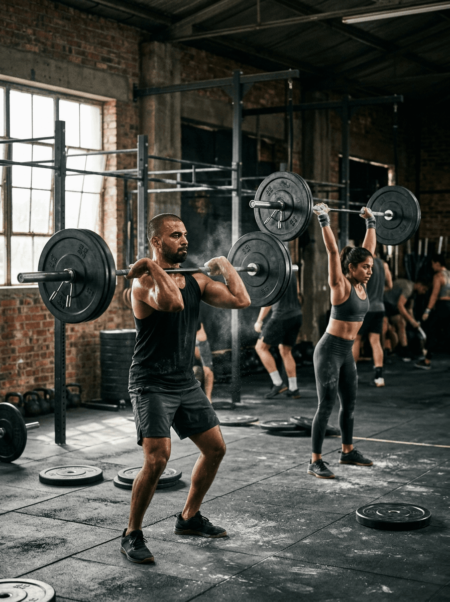 Group fitness class indoors, lifting and HIIT